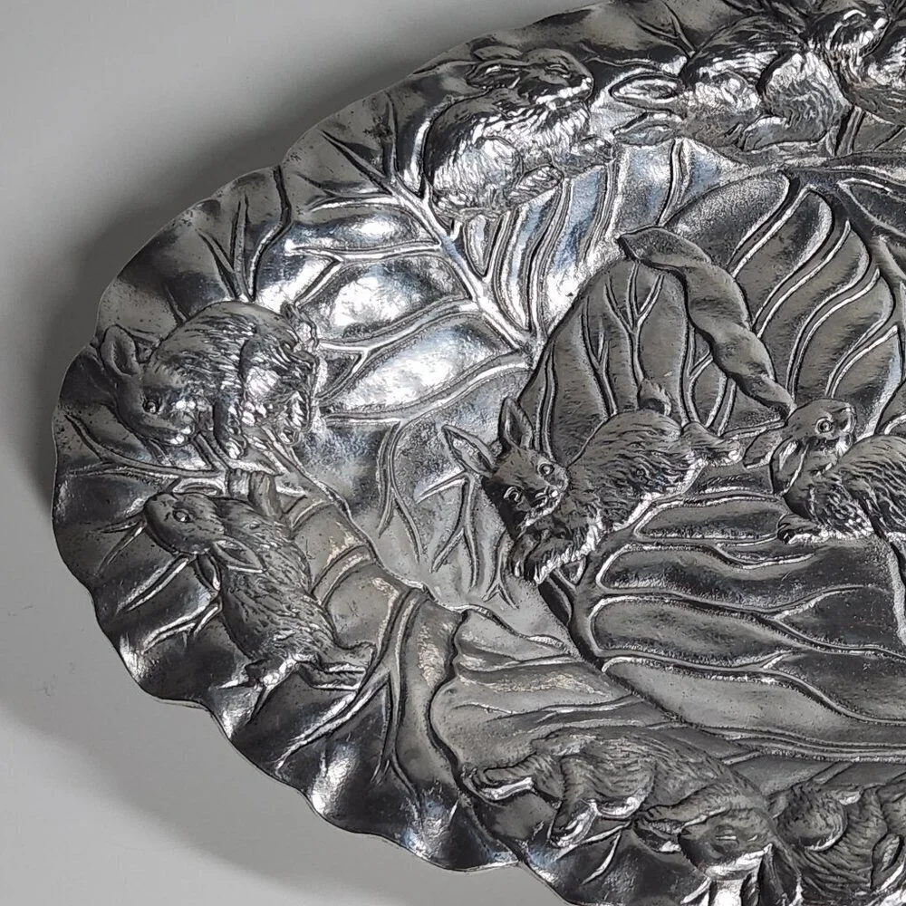 Vintage 1990 Arthur Court Rabbits & Lettuce Aluminum Serving Oval Platter Tray